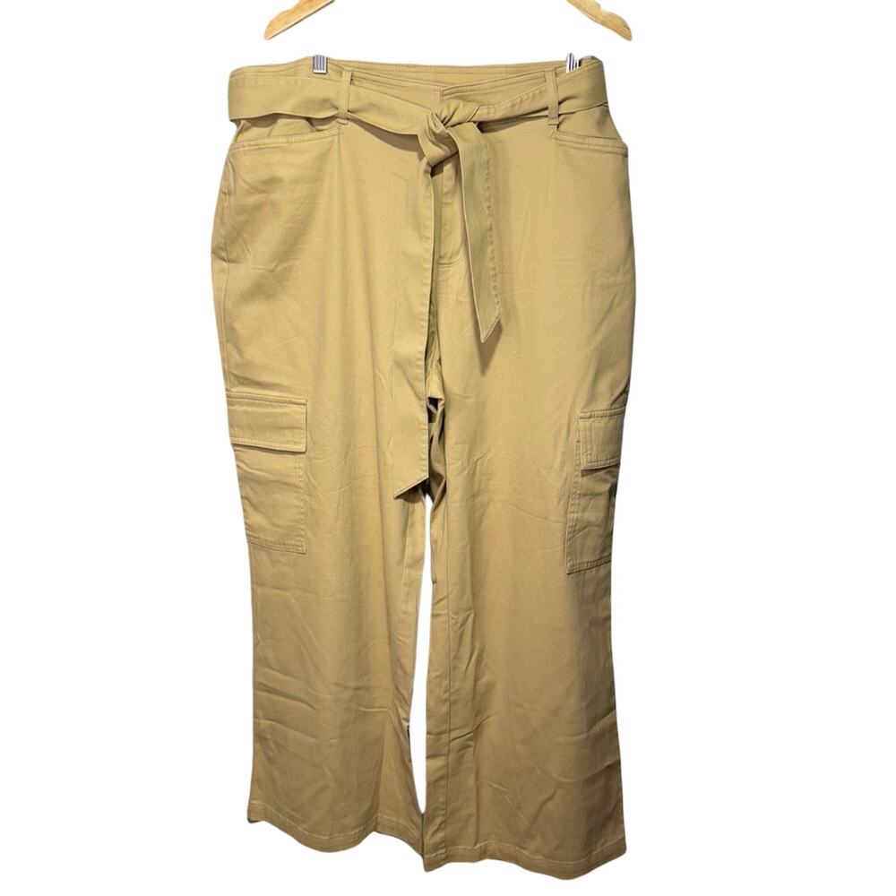Ava & Viv Pants Women’s Size 18 Cargo Wide Leg Khaki High Waist Tie Belt Pockets